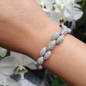 18ct White Gold round brilliant cut diamonds pave leaf shaped bracelet
