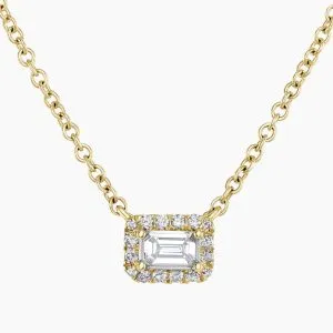 18ct gold 0.19ct emerald cut diamond halo necklace