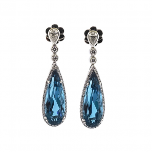 18ct white gold pear shape London blue topaz & diamond drop earrings.