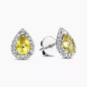 18ct gold pear canary yellow Zambian tourmaline diamond stud earrings