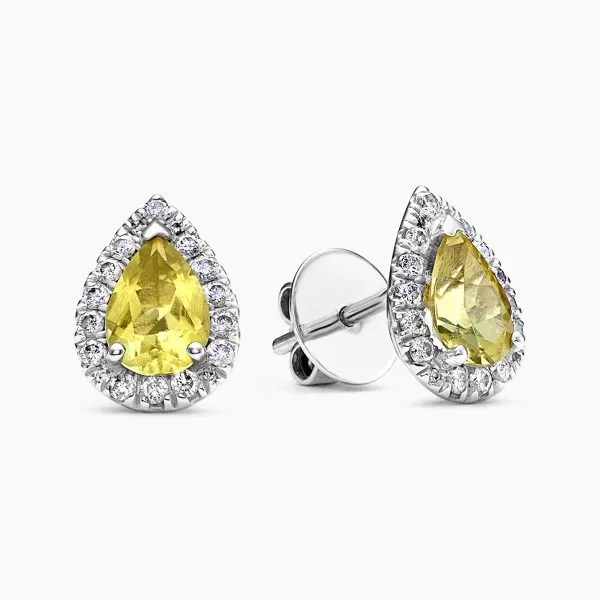 18ct gold pear canary yellow Zambian tourmaline diamond stud earrings