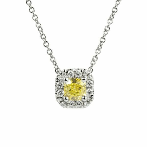18ct white gold 0.46ct FIY radiant diamond halo necklace