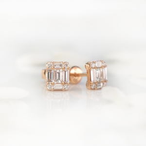 18ct rose gold baguette & round diamond stud earrings