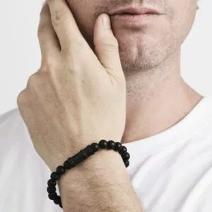 Black agate and stainless steel beaded bracelet