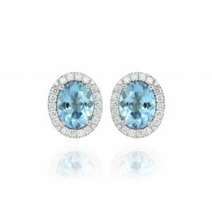 18ct white gold oval aqumarine and diamond stud earrings