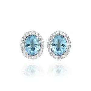 18ct white gold oval aqumarine and diamond stud earrings