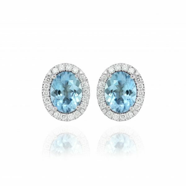 18ct white gold oval aqumarine and diamond stud earrings