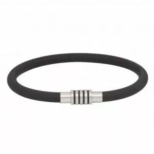 Black Silicone Rubber Bracelet with ion plated black stripes on stainless steel clasp