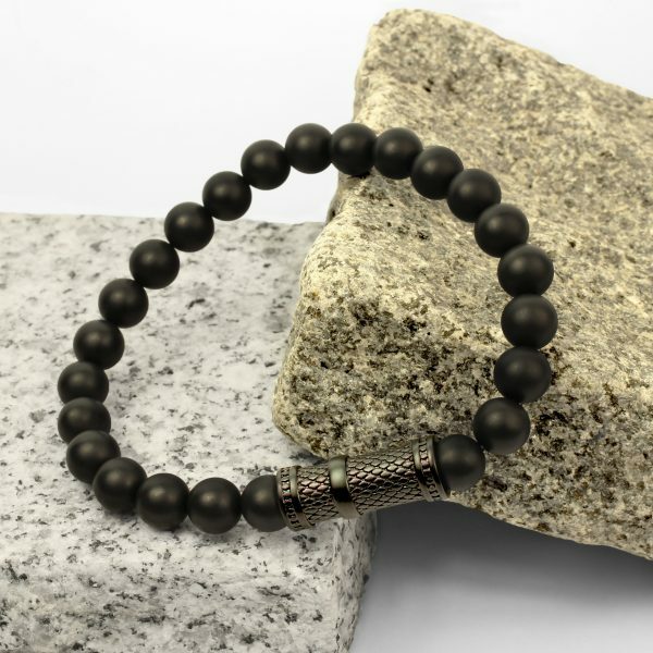 Black agate and stainless steel beaded bracelet