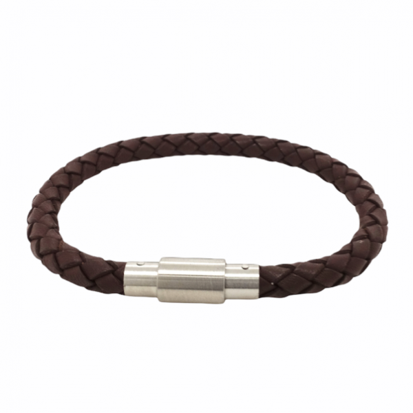 Platted brown leather and stainless steel mens bracelet