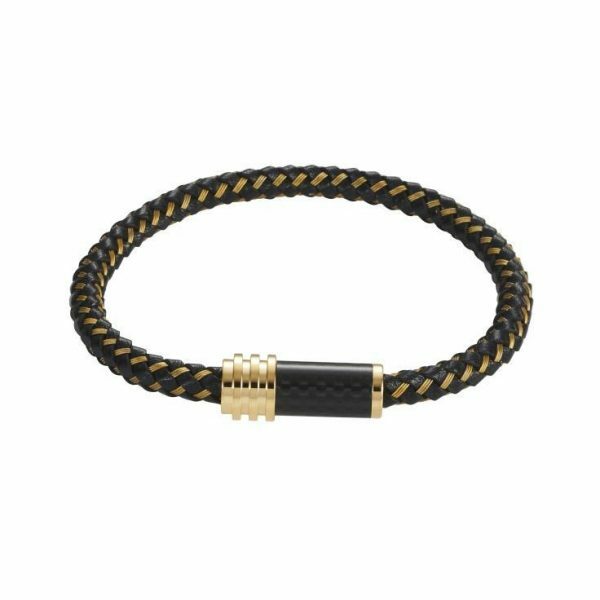 Stainless steel Gold/Black leather cable carbon fibre mens bracelet