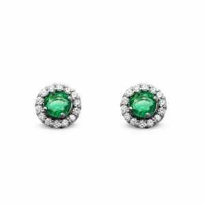 18ct white gold round green emerald and diamond halo stud earrings