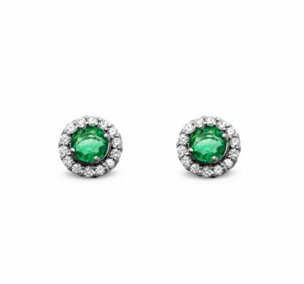 18ct white gold round green emerald and diamond halo stud earrings
