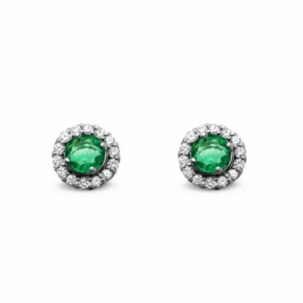 18ct white gold round green emerald and diamond halo stud earrings