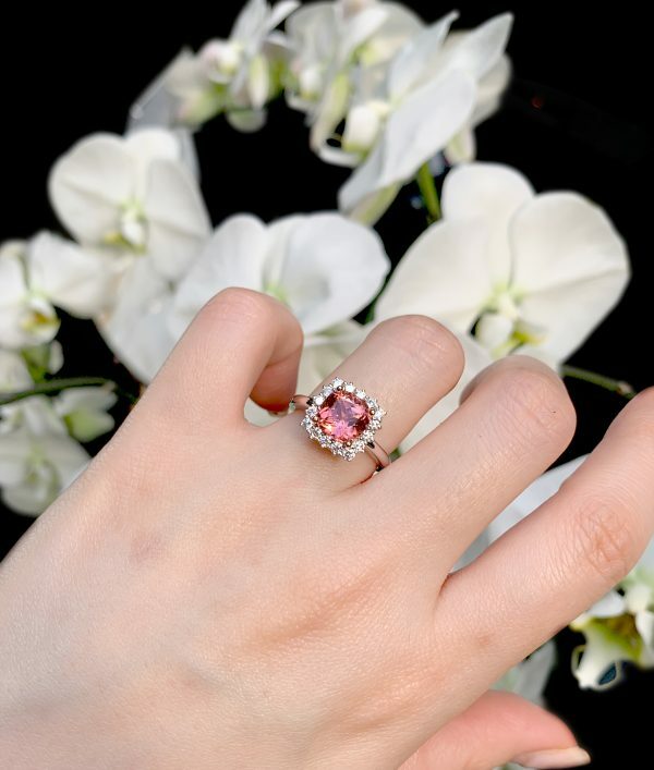 18ct white & rose gold 2.82ct cushion pink tourmaline and diamond ring