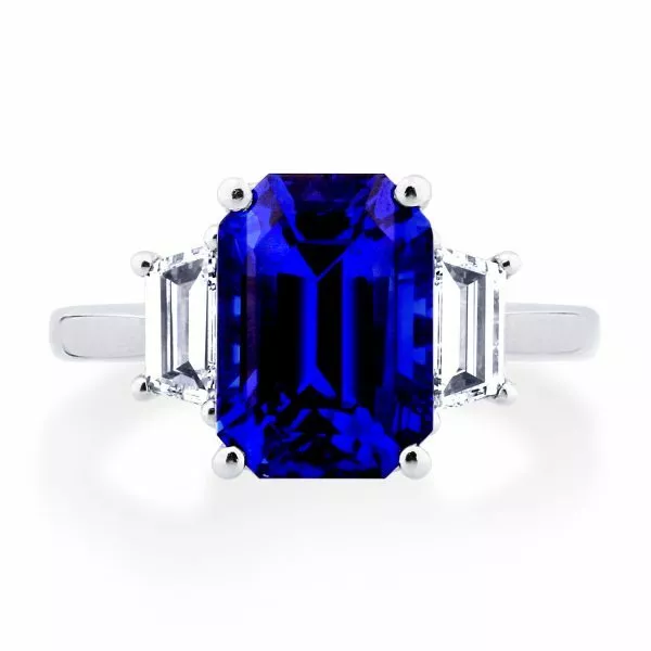 Platinum 5.12ct emerald cut sapphire and diamond ring