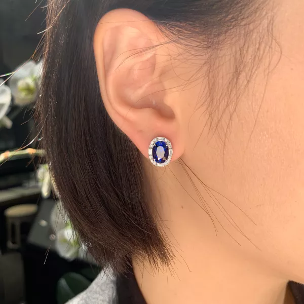 18ct white gold blue Sri Lankan sapphires & diamond earrings - Image 2