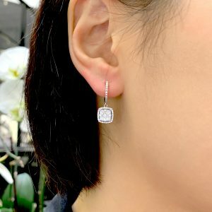 18ct white gold diamond cluster set cushion shape drop earrings