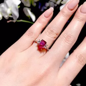 Platinum 1.31ct emerald cut ruby and diamond ring