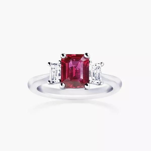 Platinum 1.31ct emerald cut ruby and diamond ring