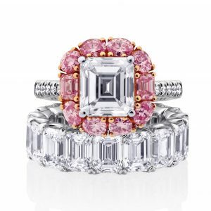 18ct gold emerald oval round pink diamond ring with emerald cut band