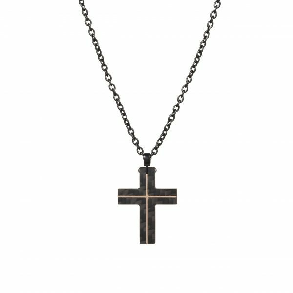 Rose gold and Carbon fibre cross on Ion plated black stainless steel chain