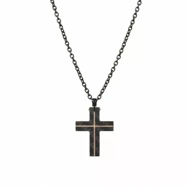 Rose gold and Carbon fibre cross on Ion plated black stainless steel chain