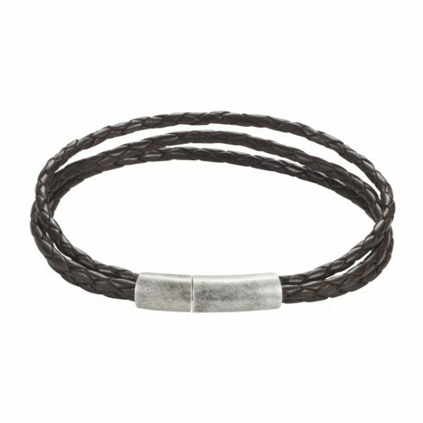 Multi strand brown leather bracelet with stainless steel clasp