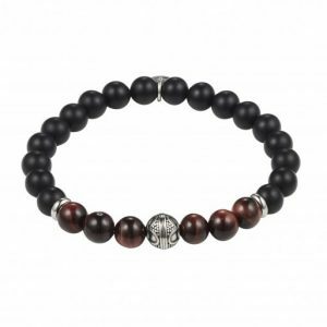 Black agate, red tiger eye and antique stainless steel beaded mens bracelet