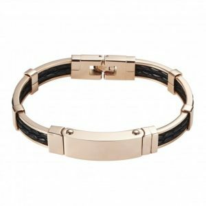 Polished Ion plated rose gold stainless steel platted black leather bracelet