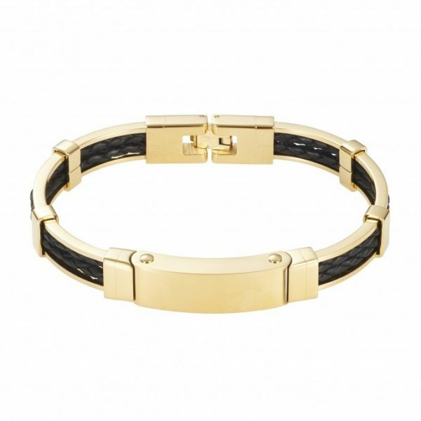 Polished Ion plated gold, stainless steel and platted double strand black leather mens bracelet