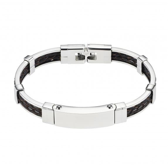 Stainless steel and platted double strand brown leather mens bracelet