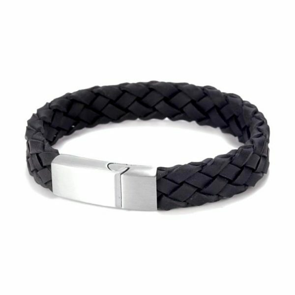 Braided Italian black leather and brushed stainless steel mens Bracelet