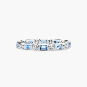 18ct white gold baguette aquamarine & diamond bezel full circle ring
