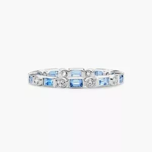 18ct white gold baguette aquamarine & diamond bezel full circle ring