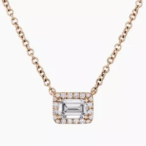 18ct rose gold 0.41ct emerald cut diamond halo necklace