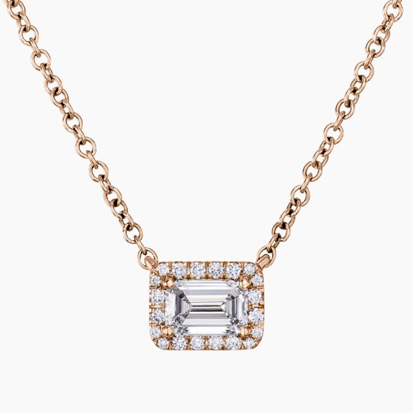 18ct rose gold 0.41ct emerald cut diamond halo necklace