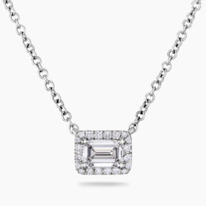 18ct white gold 0.40ct emerald cut diamond halo necklace