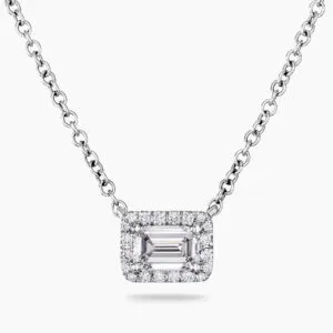 18ct white gold 0.40ct emerald cut diamond halo necklace