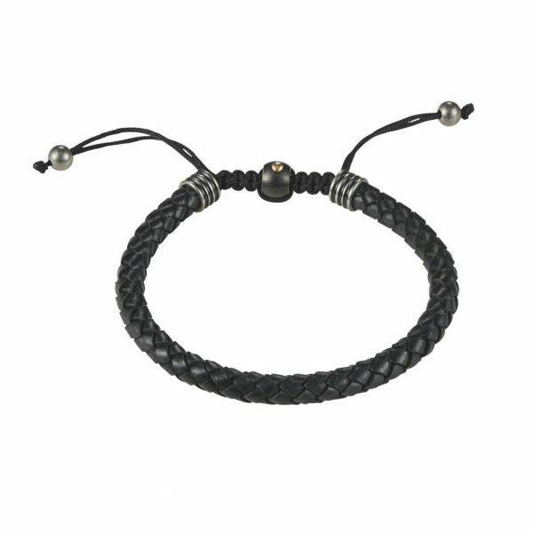 Stainless Steel Black Leather Macrame Mens Bracelet