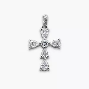 18ct white gold pear and round diamond cross pendant