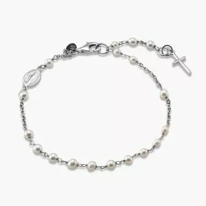 18ct white gold pearl cross and medal rosary bracelet