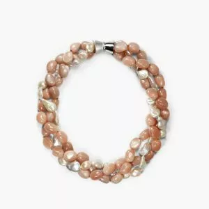 Three rows of apricot keshi pearls with pink moonstone beads necklace