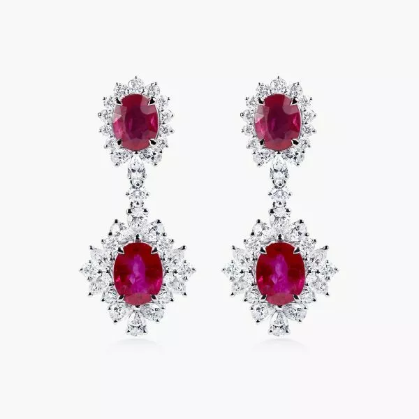 18ct white gold diamond & oval ruby drop earrings