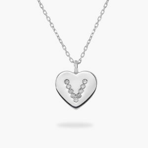 18ct White Gold Initial 'V' Diamond Heart Necklace