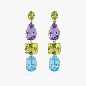 18ct white gold blue topaz, peridot, amethyst and lemon quartz drop earrings