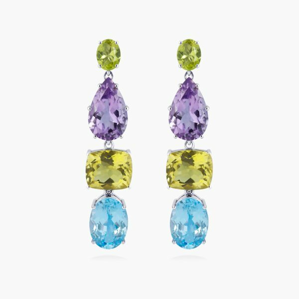 18ct white gold blue topaz, peridot, amethyst and lemon quartz drop earrings