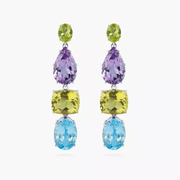 18ct white gold blue topaz, peridot, amethyst and lemon quartz drop earrings