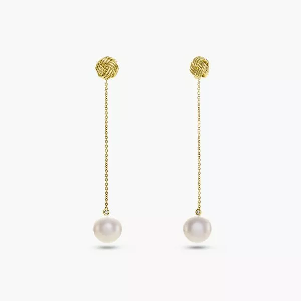 18ct yellow gold 10mm South Sea Pearl and diamond drop earrings