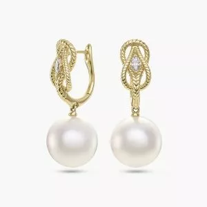 18ct yellow gold South Sea Pearls & marquise diamond drop earrings